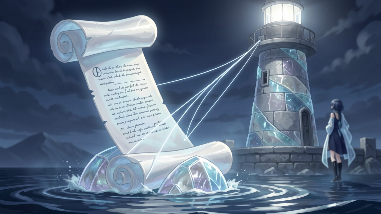 Свиток закона, tethered to a data buoy on a night sea near a stone lighthouse.